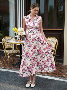 Momance 腮紅粉優雅正式孕婦休閒花卉印花無袖繫帶洋裝，夏季孕婦派對洋裝 - 彩色 - 查看 6