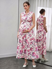 Momance 腮紅粉優雅正式孕婦休閒花卉印花無袖繫帶洋裝，夏季孕婦派對洋裝 - 彩色 - 查看 1
