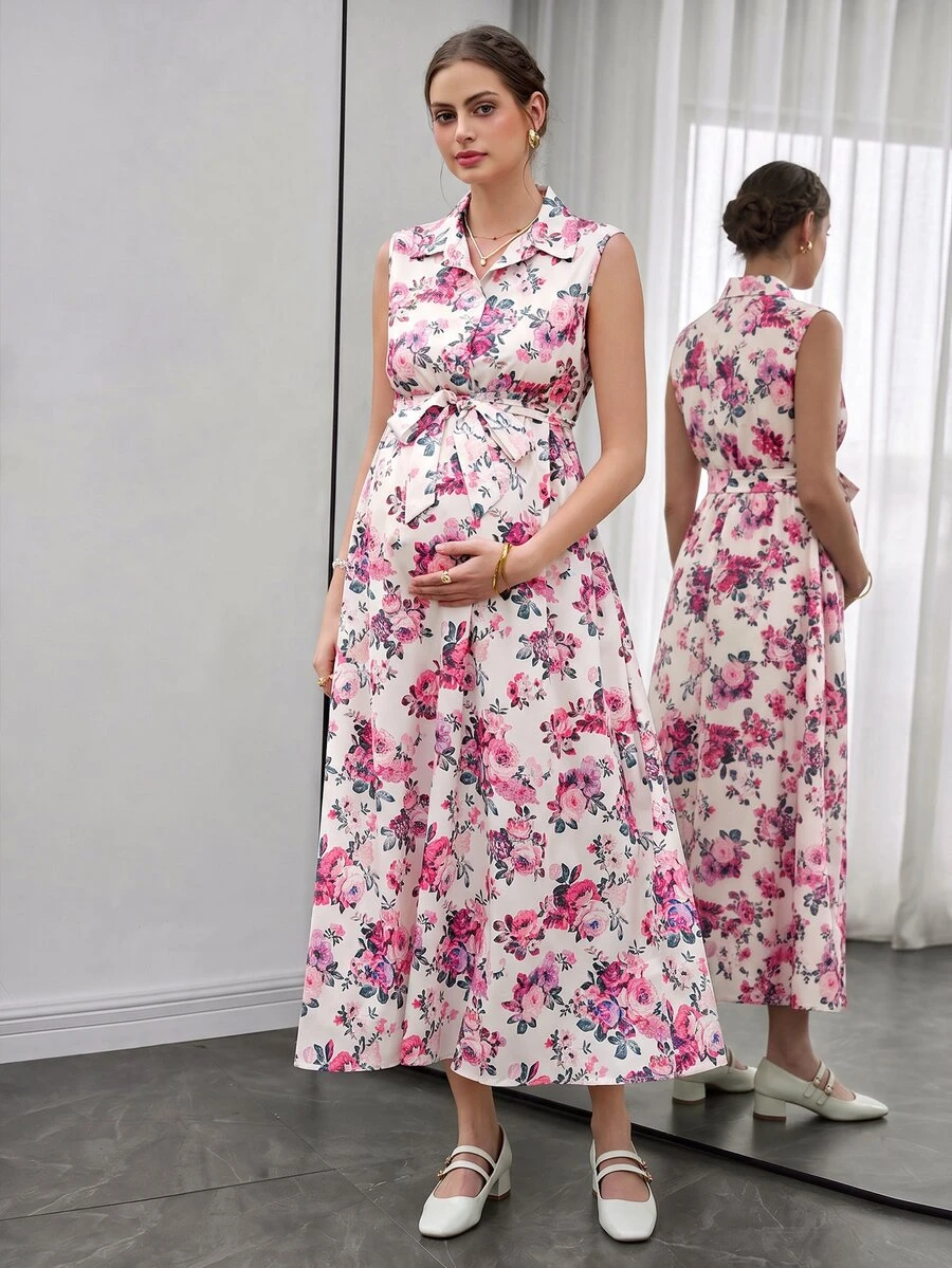 Momance 腮紅粉優雅正式孕婦休閒花卉印花無袖繫帶洋裝,夏季孕婦派對洋裝 - 彩色 - 查看 1