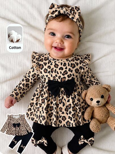 SHEIN Baby Girl Knitted Leopard Print Round Neck 3D Bow Ruffle Hem Casual T-Shirt And Long Pants 2 Pieces Set, Autumn Versatile Outfit