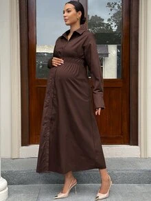 MaterniWear Lapel Long Sleeve Single-Breasted Solid Color Maternity Dress Fall - Rust Brown - View 3