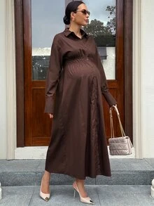 MaterniWear Lapel Long Sleeve Single-Breasted Solid Color Maternity Dress Fall - Rust Brown - View 8