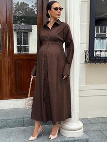 MaterniWear Lapel Long Sleeve Single-Breasted Solid Color Maternity Dress Fall - Rust Brown - View 5
