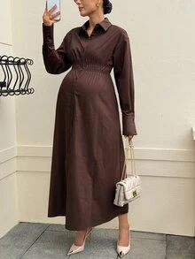 MaterniWear Lapel Long Sleeve Single-Breasted Solid Color Maternity Dress Fall - Rust Brown - View 6