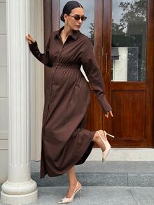 MaterniWear Lapel Long Sleeve Single-Breasted Solid Color Maternity Dress Fall - Rust Brown - View 4