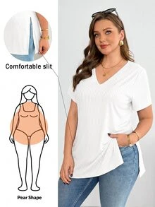 Shapeblank 大码女装春夏时尚休闲高弹舒适日常百搭显瘦高开衩黑色V领短袖T恤，夏季穿搭，简约风格，外出上衣，黑色打底衫，曲线上衣 - 白色 - 查看 1