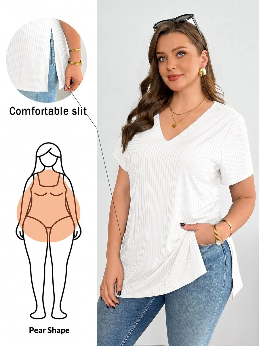 Shapeblank 大码女装春夏时尚休闲高弹舒适日常百搭显瘦高开衩黑色V领短袖T恤,夏季穿搭,简约风格,外出上衣,黑色打底衫,曲线上衣 - 白色 - 查看 1