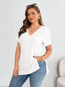 Shapeblank 大码女装春夏时尚休闲高弹舒适日常百搭显瘦高开衩黑色V领短袖T恤，夏季穿搭，简约风格，外出上衣，黑色打底衫，曲线上衣 - 白色 - 查看 5