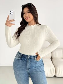 Shapeblank 大尺碼女款秋冬時尚休閒高彈性舒適日常紋理面料，杏色小立領長袖修身T恤，基礎上衣，秋季外出穿搭上衣 - 杏色 - 查看 5
