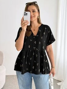 Shapeblank 大码女装春夏时尚休闲宽松舒适日常百搭显瘦V领黑色碎花短袖上衣，女式衬衫，夏季，度假，欧洲夏季衬衫 - 黑色 - 查看 4