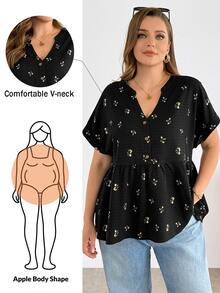Shapeblank 大码女装春夏时尚休闲宽松舒适日常百搭显瘦V领黑色碎花短袖上衣，女式衬衫，夏季，度假，欧洲夏季衬衫 - 黑色 - 查看 2