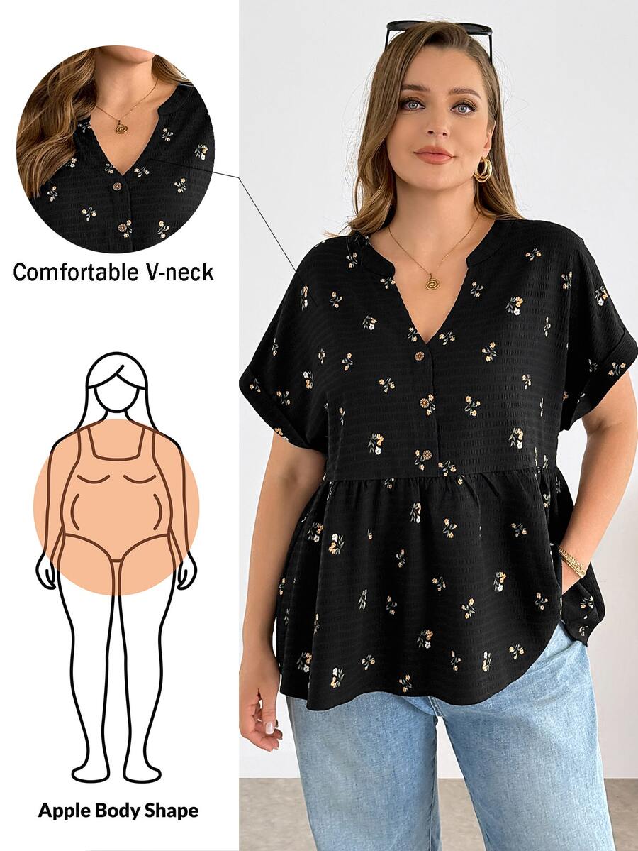 Shapeblank 大码女装春夏时尚休闲宽松舒适日常百搭显瘦V领黑色碎花短袖上衣，女式衬衫，夏季，度假，欧洲夏季衬衫