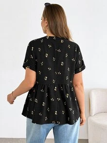 Shapeblank 大码女装春夏时尚休闲宽松舒适日常百搭显瘦V领黑色碎花短袖上衣，女式衬衫，夏季，度假，欧洲夏季衬衫 - 黑色 - 查看 3