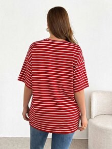 Shapeblank Plus-Size Women's Red T-Shirt, Summer Casual Everyday Versatile Oversize Loose Basic Short-Sleeved Split Hem Tops For Work Holiday Independence Day - Red - View 2
