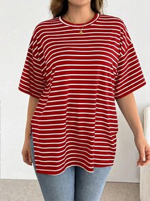 Shapeblank Plus-Size Women's Red T-Shirt, Summer Casual Everyday Versatile Oversize Loose Basic Short-Sleeved Split Hem Tops For Work Holiday Independence Day - Red - View 5