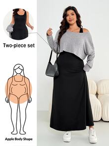 Shapeblank 大尺碼女款春夏/秋冬時尚休閒寬鬆彈性舒適灰色長袖短上衣與黑色背心洋裝2件套，秋季服飾，極簡風格 - 淺灰色 - 查看 2
