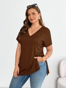 Shapeblank 大码女装春夏时尚休闲高弹舒适日常百搭显瘦高开衩黑色V领短袖T恤，夏季穿搭，简约风格，外出上衣，黑色打底衫，曲线上衣 - 棕色 - 查看 5
