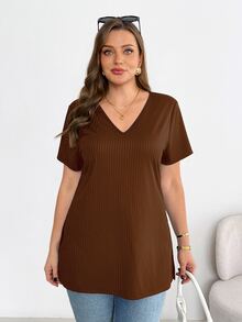 Shapeblank 大码女装春夏时尚休闲高弹舒适日常百搭显瘦高开衩黑色V领短袖T恤，夏季穿搭，简约风格，外出上衣，黑色打底衫，曲线上衣 - 棕色 - 查看 4