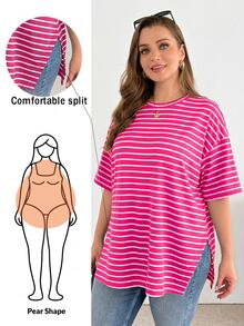 Shapeblank 大尺碼女款春夏時尚休閒寬鬆舒適日常百搭條紋短袖超寬鬆T恤，大尺寸上衣，簡約風格，上班穿搭上衣 - 玫紅色 - 查看 1