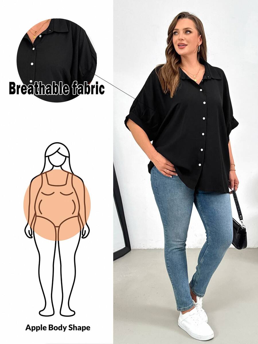 Shapeblank 大码女装春夏时尚休闲宽松舒适日常基本款百搭修身轻薄凉爽黑色纽扣衬衫、女式衬衫、工作上衣、教师衬衫、简约风格