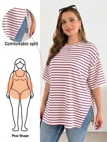 Shapeblank 大码女装春夏时尚休闲宽松舒适日常百搭黑白条纹短袖超宽松T恤，夏季穿搭，超大款上衣，简约风格，工作上衣 - 粉色 - 查看 1