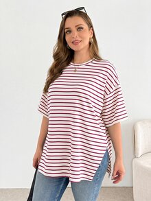Shapeblank 大码女装春夏时尚休闲宽松舒适日常百搭黑白条纹短袖超宽松T恤，夏季穿搭，超大款上衣，简约风格，工作上衣 - 粉色 - 查看 3
