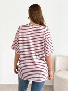 Shapeblank 大码女装春夏时尚休闲宽松舒适日常百搭黑白条纹短袖超宽松T恤，夏季穿搭，超大款上衣，简约风格，工作上衣 - 粉色 - 查看 2
