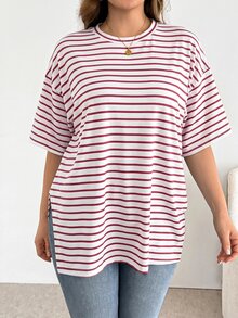 Shapeblank 大码女装春夏时尚休闲宽松舒适日常百搭黑白条纹短袖超宽松T恤，夏季穿搭，超大款上衣，简约风格，工作上衣 - 粉色 - 查看 6
