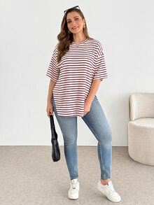 Shapeblank 大码女装春夏时尚休闲宽松舒适日常百搭黑白条纹短袖超宽松T恤，夏季穿搭，超大款上衣，简约风格，工作上衣 - 粉色 - 查看 5