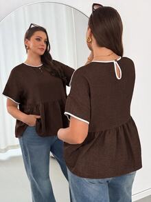 Shapeblank Kemeja Kasual Musim Panas Ukuran Besar dengan Trim Kontras - Coklat - View 5