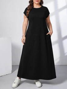 Shapeblank Women's Plus-Size Black Long Dress With Pockets Sommar Smart Casual Simple Normal Everyday All-Match Stretchy Short-Sleeved Comfortable Outfits Brunch - Black - View 4