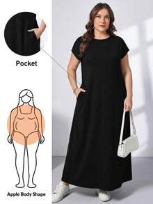 Shapeblank Women's Plus-Size Black Long Dress With Pockets Sommar Smart Casual Simple Normal Everyday All-Match Stretchy Short-Sleeved Comfortable Outfits Brunch - Black - View 1