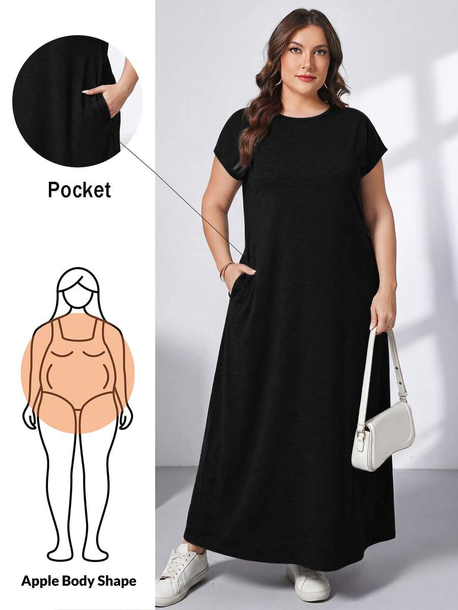 Shapeblank Women's Plus-Size Black Long Dress With Pockets Sommar Smart Casual Simple Normal Everyday All-Match Stretchy Short-Sleeved Comfortable Outfits Brunch - Black - View 1
