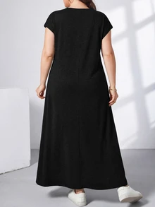 Shapeblank Women's Plus-Size Black Long Dress With Pockets Sommar Smart Casual Simple Normal Everyday All-Match Stretchy Short-Sleeved Comfortable Outfits Brunch - Black - View 2
