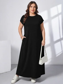 Shapeblank Women's Plus-Size Black Long Dress With Pockets Sommar Smart Casual Simple Normal Everyday All-Match Stretchy Short-Sleeved Comfortable Outfits Brunch - Black - View 6