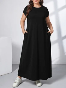 Shapeblank Women's Plus-Size Black Long Dress With Pockets Sommar Smart Casual Simple Normal Everyday All-Match Stretchy Short-Sleeved Comfortable Outfits Brunch - Black - View 7