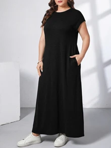 Shapeblank Women's Plus-Size Black Long Dress With Pockets Sommar Smart Casual Simple Normal Everyday All-Match Stretchy Short-Sleeved Comfortable Outfits Brunch - Black - View 5