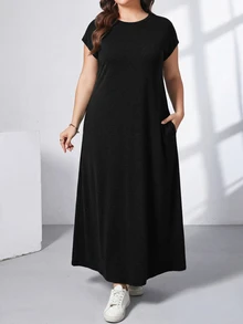 Shapeblank Women's Plus-Size Black Long Dress With Pockets Sommar Smart Casual Simple Normal Everyday All-Match Stretchy Short-Sleeved Comfortable Outfits Brunch - Black - View 3