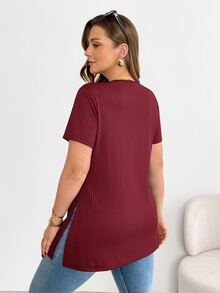 Shapeblank Plus-Size Women's Summer Fashionable Casual High-Elasticity Comfortable V-Neck Short-Sleeved T-Shirt Going Out Tops Casual Daily Red T-Shirt For Women - Burgundy - View 3