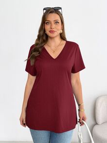 Shapeblank Plus-Size Women's Summer Fashionable Casual High-Elasticity Comfortable V-Neck Short-Sleeved T-Shirt Going Out Tops Casual Daily Red T-Shirt For Women - Burgundy - View 5