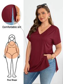 Shapeblank Plus-Size Women's Summer Fashionable Casual High-Elasticity Comfortable V-Neck Short-Sleeved T-Shirt Going Out Tops Casual Daily Red T-Shirt For Women - Burgundy - View 2