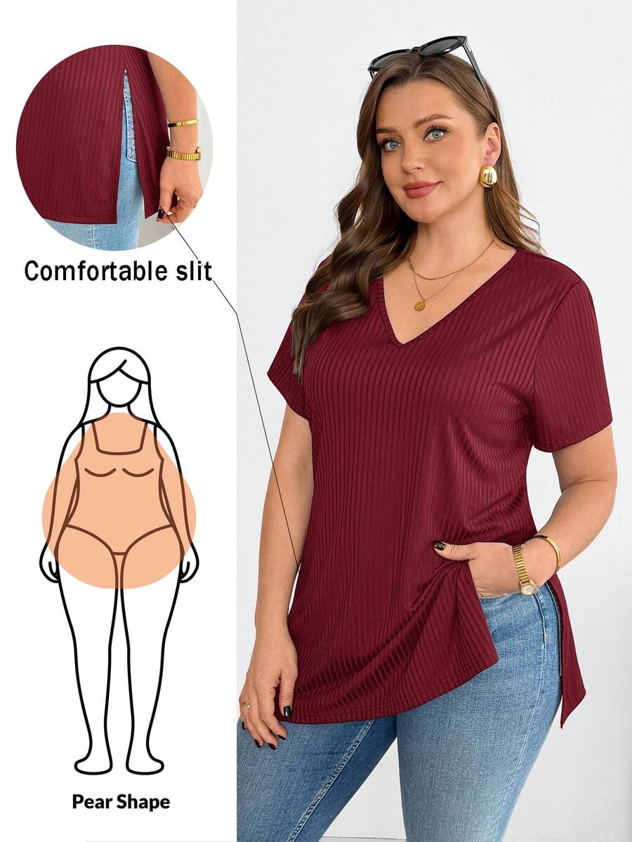 Shapeblank Plus-Size Women's Summer Fashionable Casual High-Elasticity Comfortable V-Neck Short-Sleeved T-Shirt Going Out Tops Casual Daily Red T-Shirt For Women
