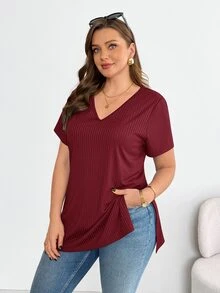 Shapeblank Plus-Size Women's Summer Fashionable Casual High-Elasticity Comfortable V-Neck Short-Sleeved T-Shirt Going Out Tops Casual Daily Red T-Shirt For Women - Burgundy - View 6