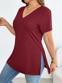 Shapeblank Plus-Size Women's Summer Fashionable Casual High-Elasticity Comfortable V-Neck Short-Sleeved T-Shirt Going Out Tops Casual Daily Red T-Shirt For Women - Burgundy - View 4