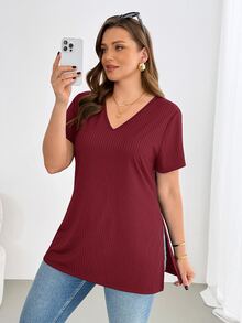 Shapeblank Plus-Size Women's Summer Fashionable Casual High-Elasticity Comfortable V-Neck Short-Sleeved T-Shirt Going Out Tops Casual Daily Red T-Shirt For Women - Burgundy - View 8