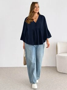 Shapeblank Plus-Size Women's Navy Blue Autumn Formal Office Work Casual Elegant Business Casual Loose V-Neck Ruffled Blouse Top Outfits Fall - Navy Blue - View 5