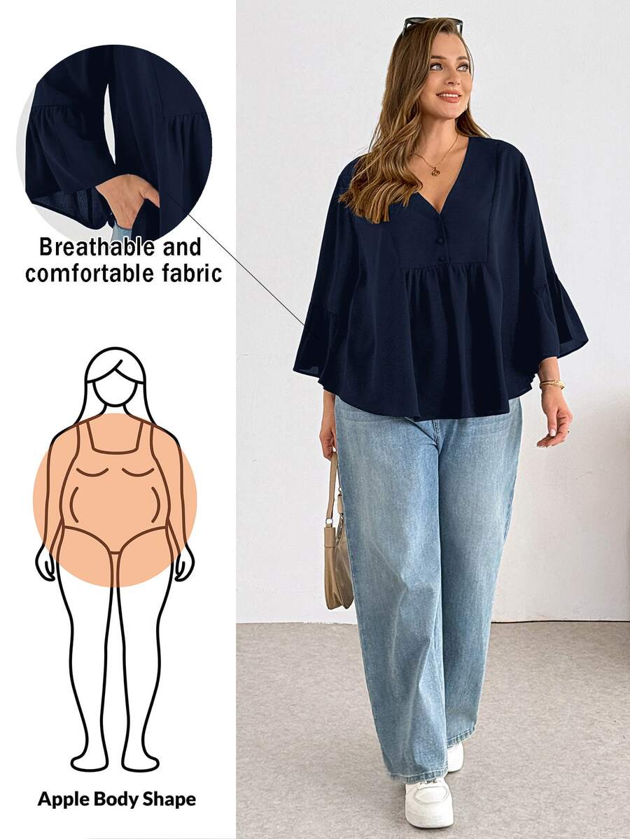 Shapeblank Plus-Size Women's Navy Blue Autumn Formal Office Work Casual Elegant Business Casual Loose V-Neck Ruffled Blouse Top Outfits Fall - Navy Blue - View 1
