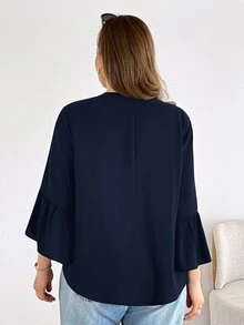 Shapeblank Plus-Size Women's Navy Blue Autumn Formal Office Work Casual Elegant Business Casual Loose V-Neck Ruffled Blouse Top Outfits Fall - Navy Blue - View 2