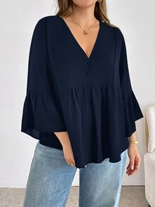 Shapeblank Plus-Size Women's Navy Blue Autumn Formal Office Work Casual Elegant Business Casual Loose V-Neck Ruffled Blouse Top Outfits Fall - Navy Blue - View 3