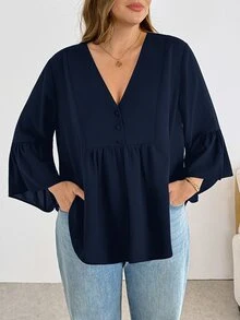 Shapeblank Plus-Size Women's Navy Blue Autumn Formal Office Work Casual Elegant Business Casual Loose V-Neck Ruffled Blouse Top Outfits Fall - Navy Blue - View 7